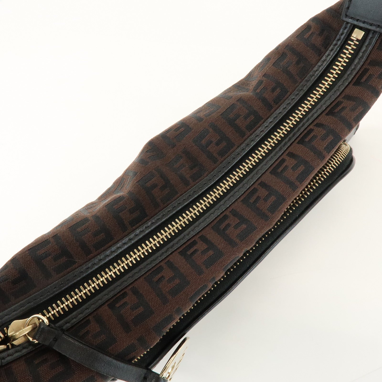 FENDI Zucchino Logo Canvas Leather Black Shoulder Bag Brown 8BR464