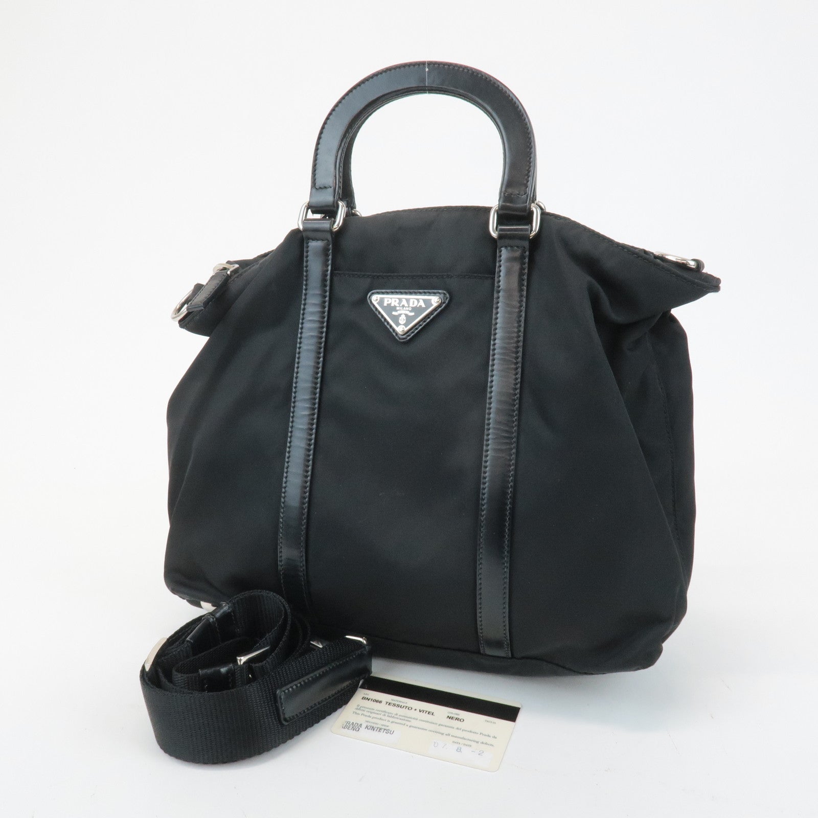 PRADA Triangel Logo Leather Nylon 2Way Bag Tote Bag Black BN1066