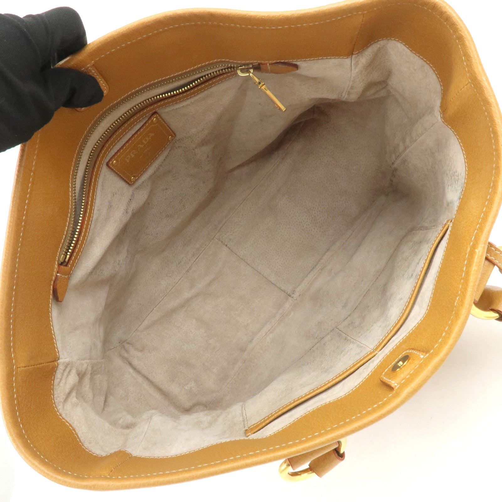 PRADA Triangle Logo Leather Canvas 2 Way Tote Bag Beige Brown