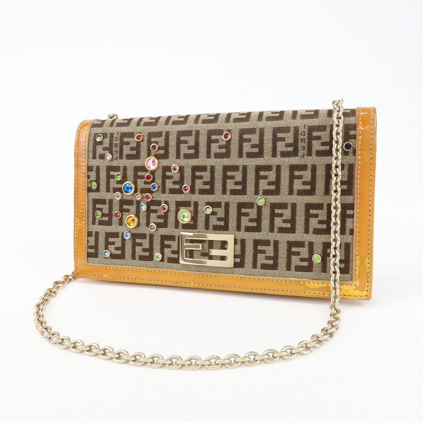 FENDI Zucchino Canvas Leather Chain Long Wallet Brown Gold 8M0219