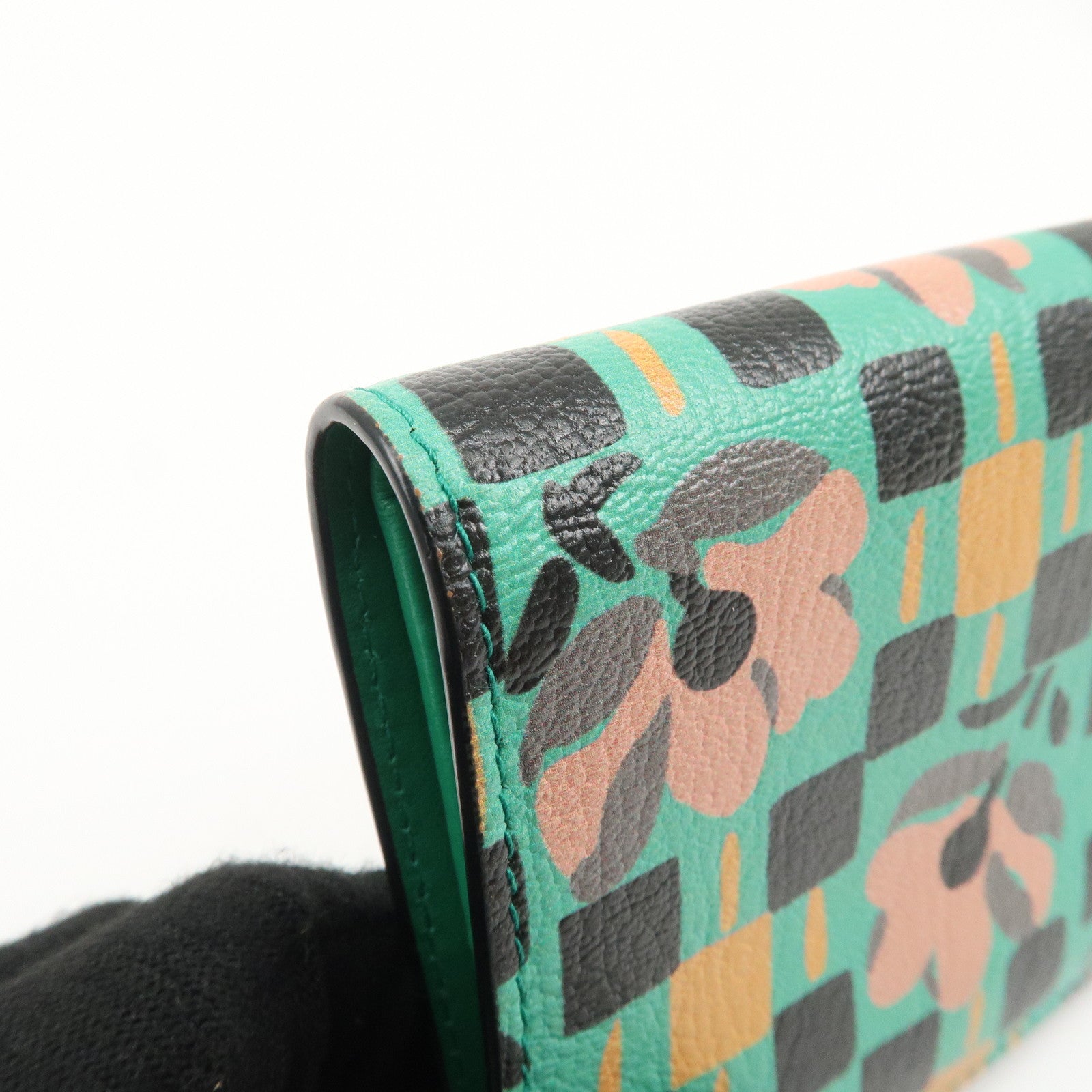 PRADA Leather Compact Wallet Floral Print Green Gold HDW 1MV204 Used