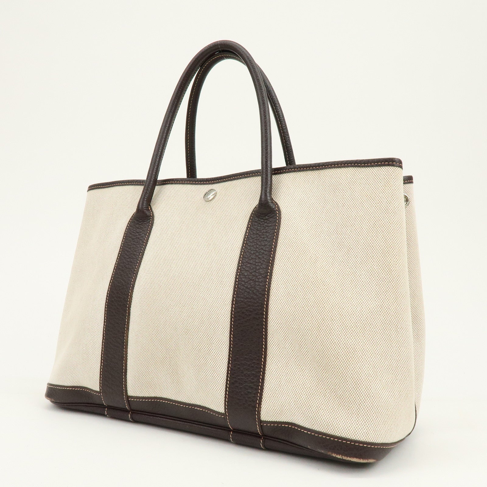 HERMES Garden Party Canvas Leather Tote Bag Beige Brown □H Stamped