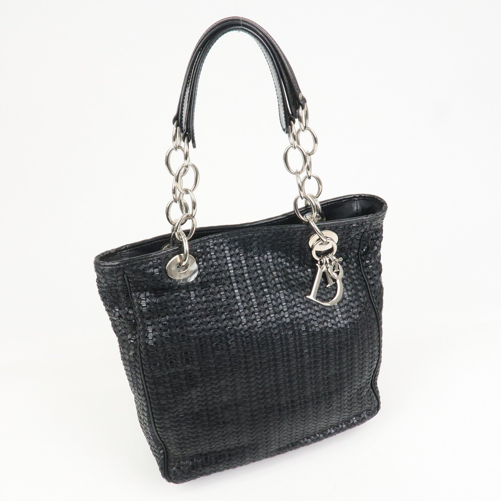 Christian Dior Woven Leather Logo Charm Chain Tote Bag Black