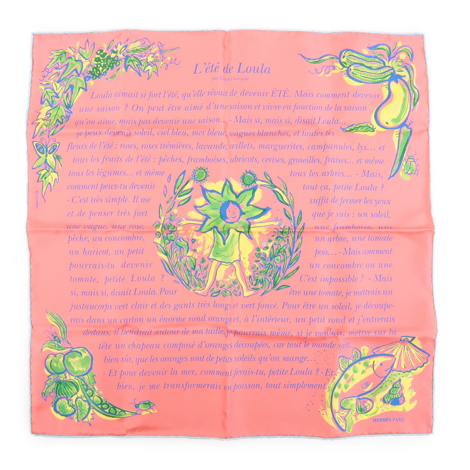 HERMES Carre 45 Silk100% Scarf L'ete de Loula Pink Green Yellow