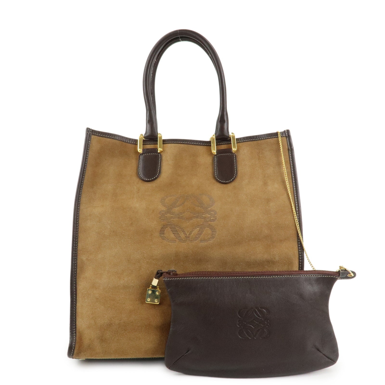LOEWE Anagram Leather Suede Tote Bag Hand Bag Brown Beige