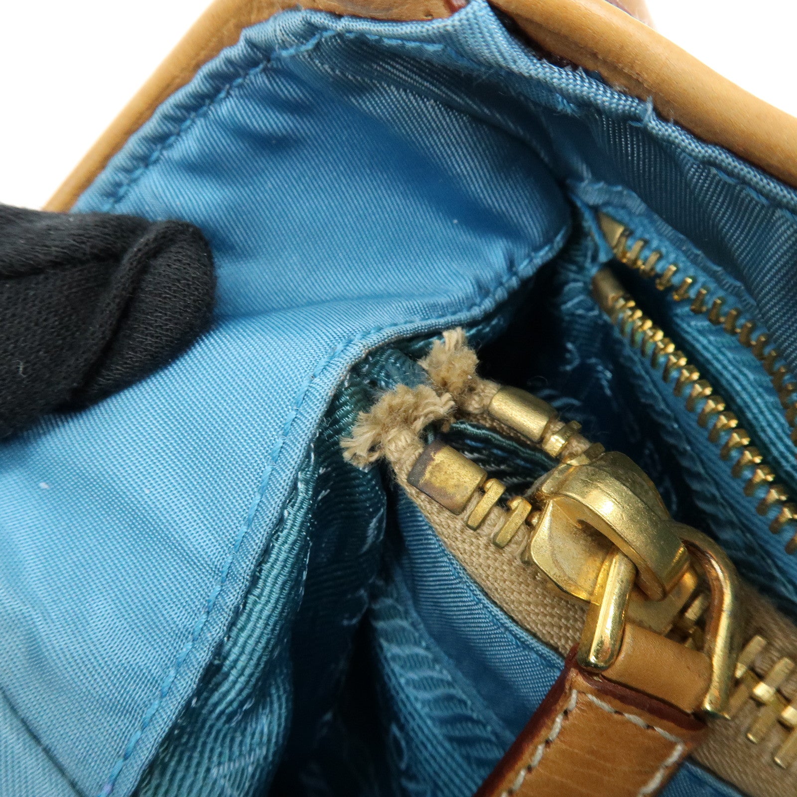PRADA Triangle Logo Canvas Leather Hand Bag Light Brown Blue