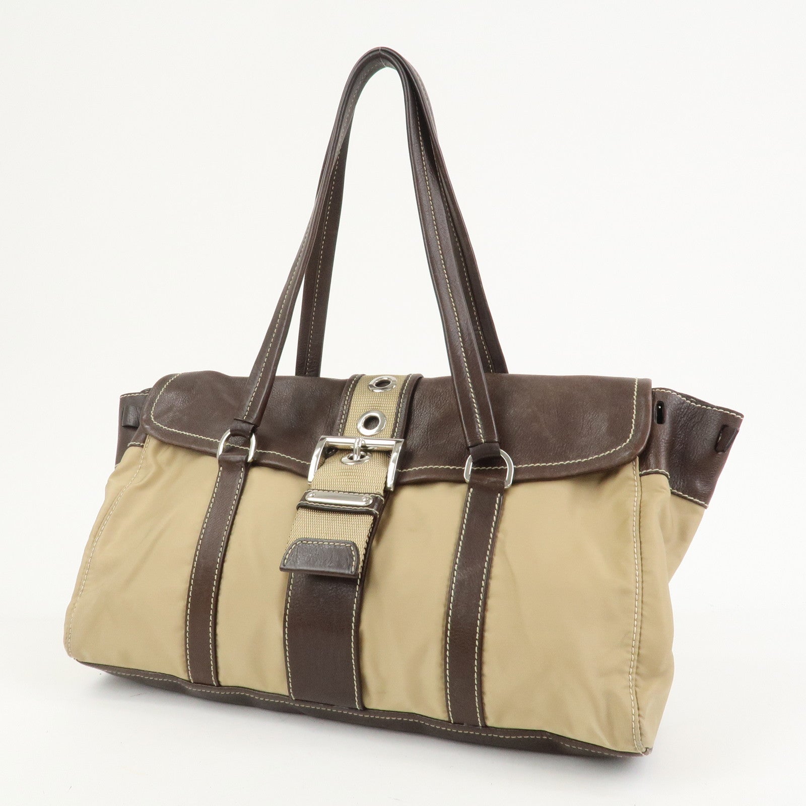 PRADA Triangle Logo Leather Nylon Shoulder Bag Brown BR2418