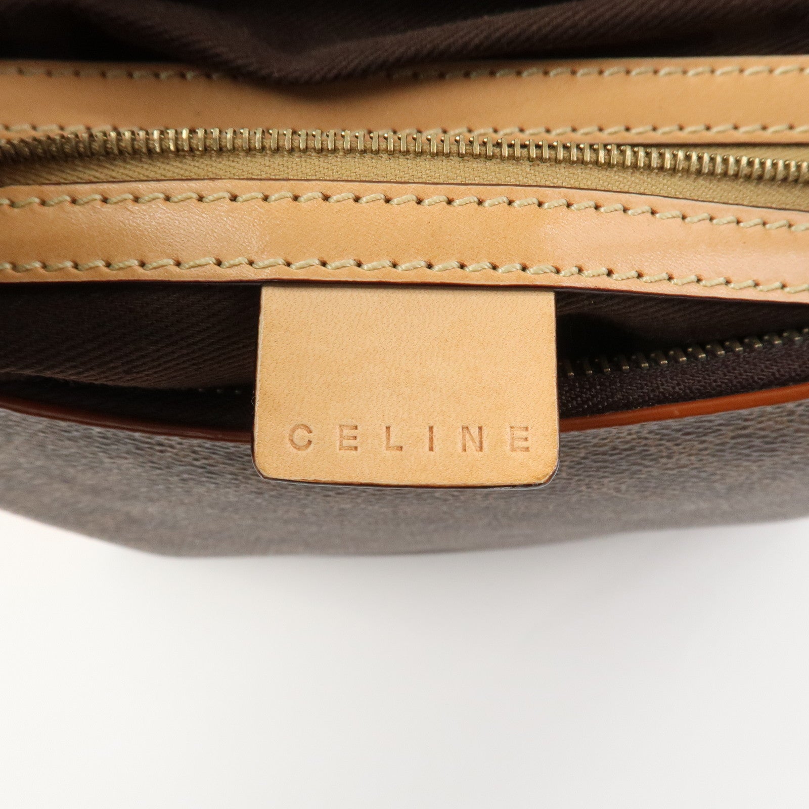 CELINE Macadam PVC Coating Canvas Leather Shoulder Bag Brown