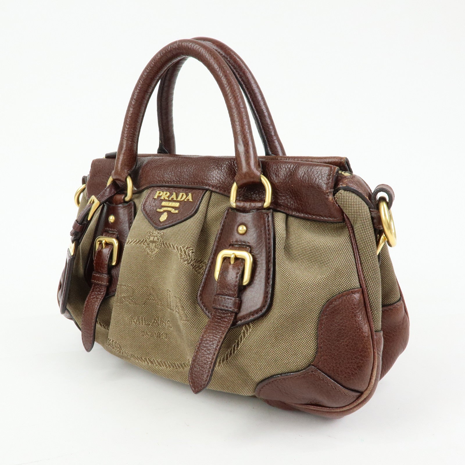 PRADA Logo Jacquard Leather 2Way Bag Hand Bag Shoulder Bag Brown