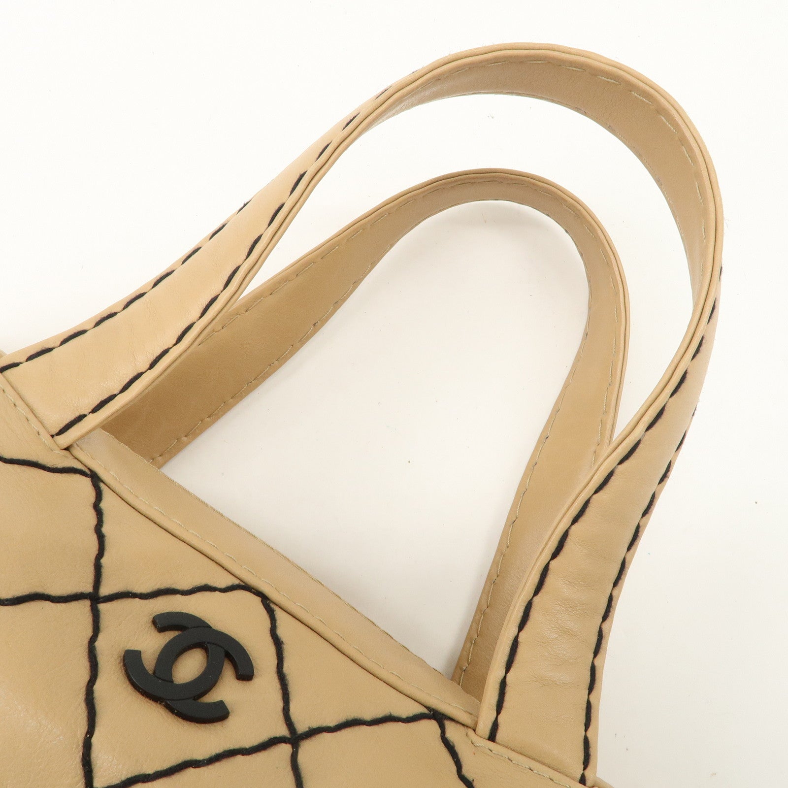 CHANEL Wild Stitch Calf Skin Coco Mark Hand Bag Beige A14692 Used