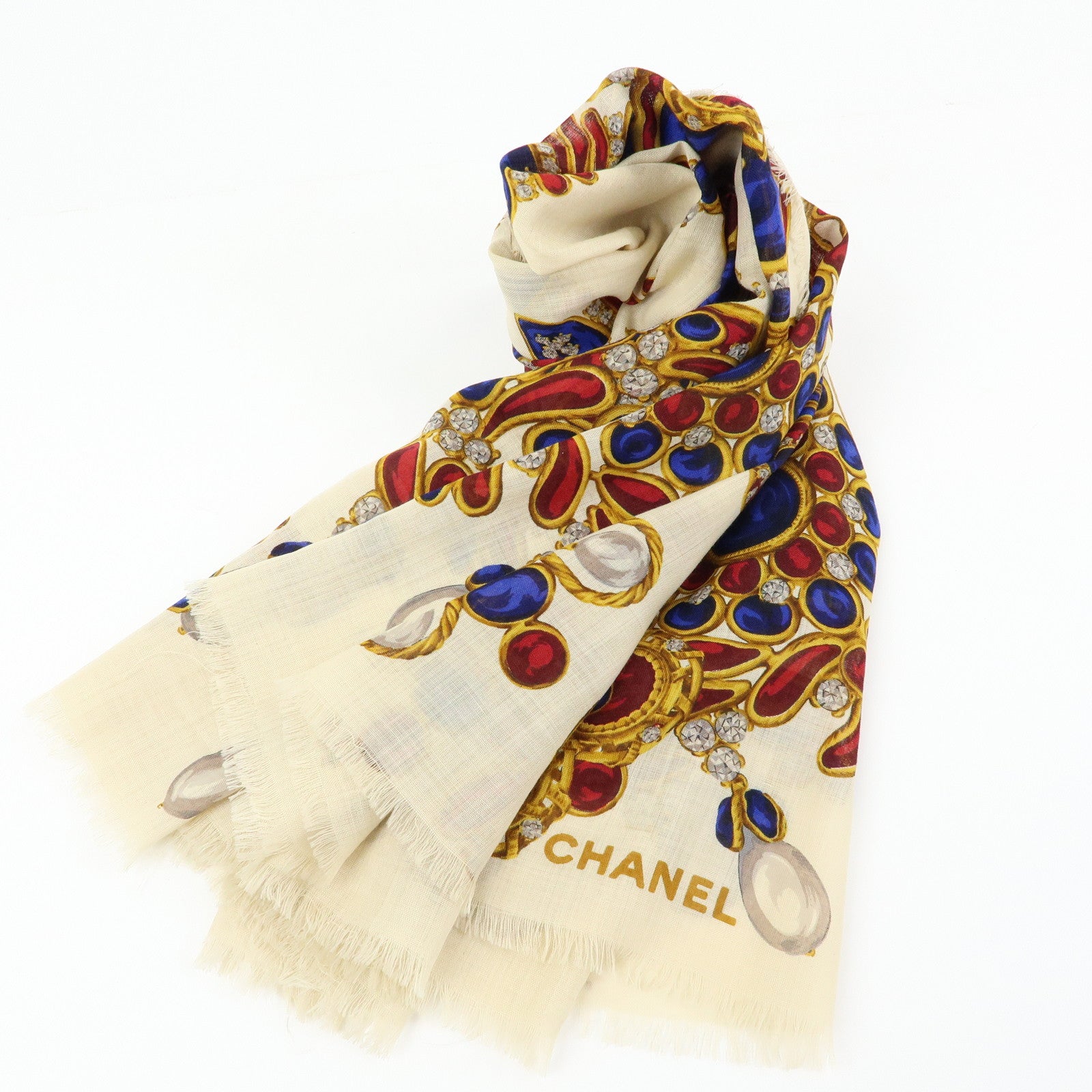 CHANEL Wook Silk Jewlry Pattern Scarf Beige Gold Red Blue