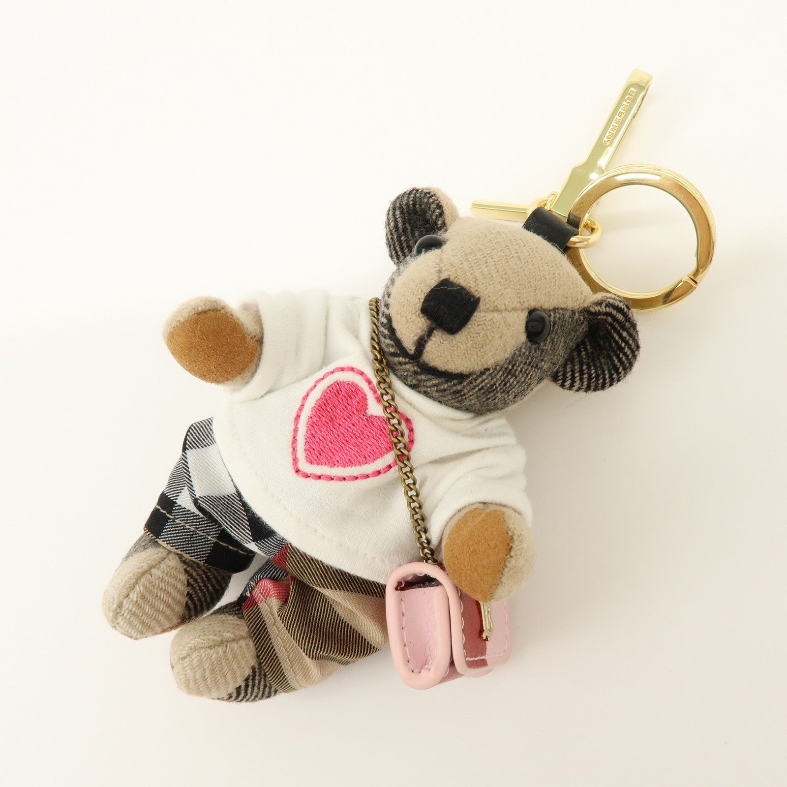 BURBERRY Nova Plaid Canvas Bear Bag Charm Key Holder Beige White