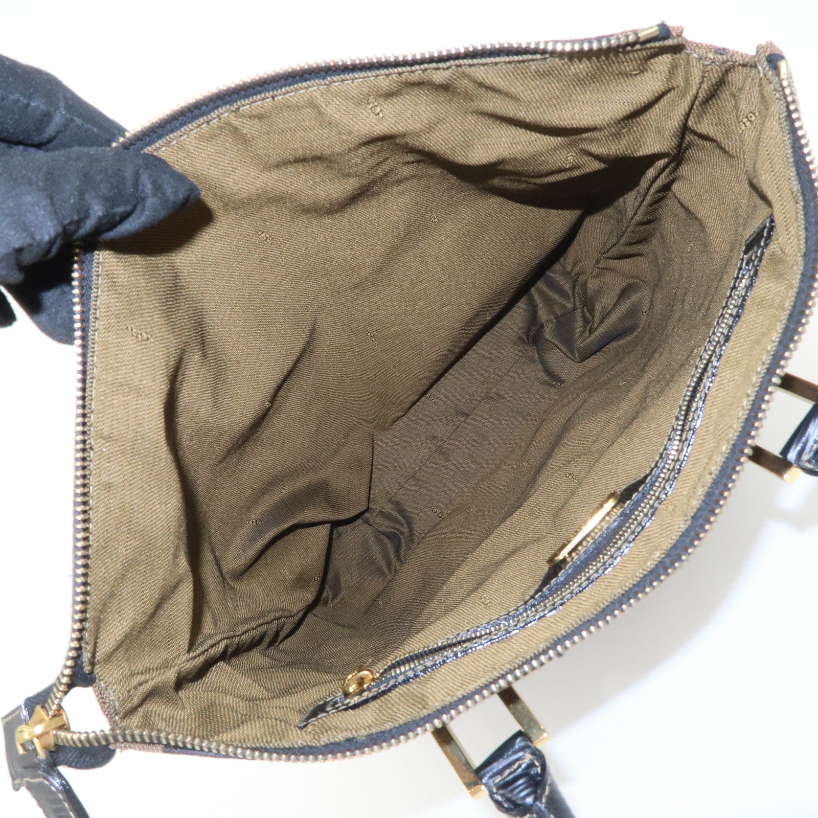 FENDI Pequin Canvas Leather Hand Bag Tote Bag Black Brown