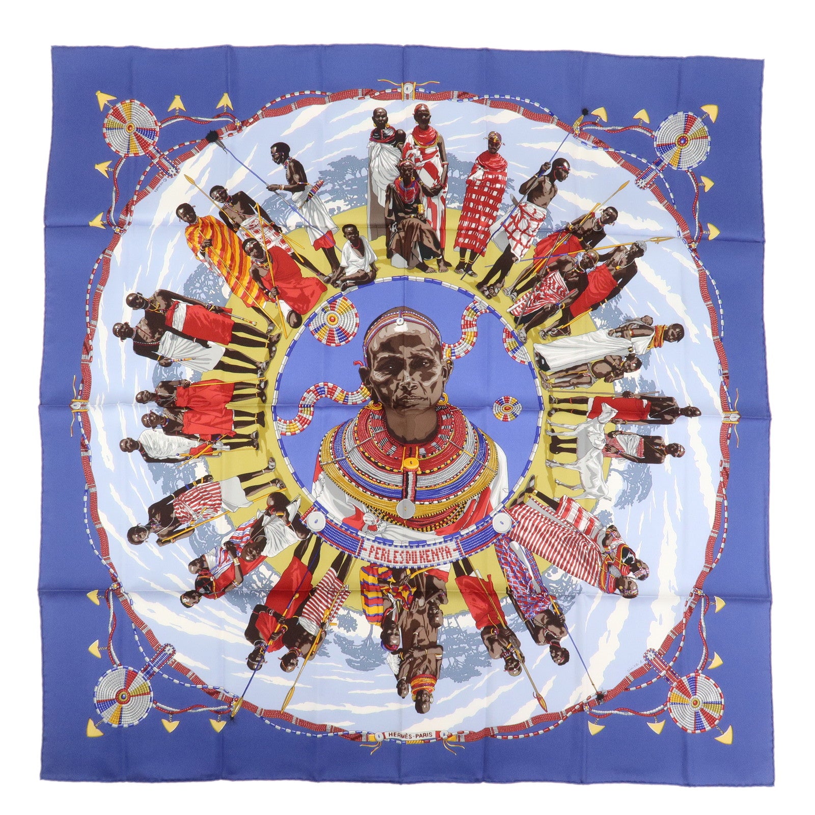 HERMES Carre 90 Silk 100% Scarf PERLES DU KENYA Blue Multicolor