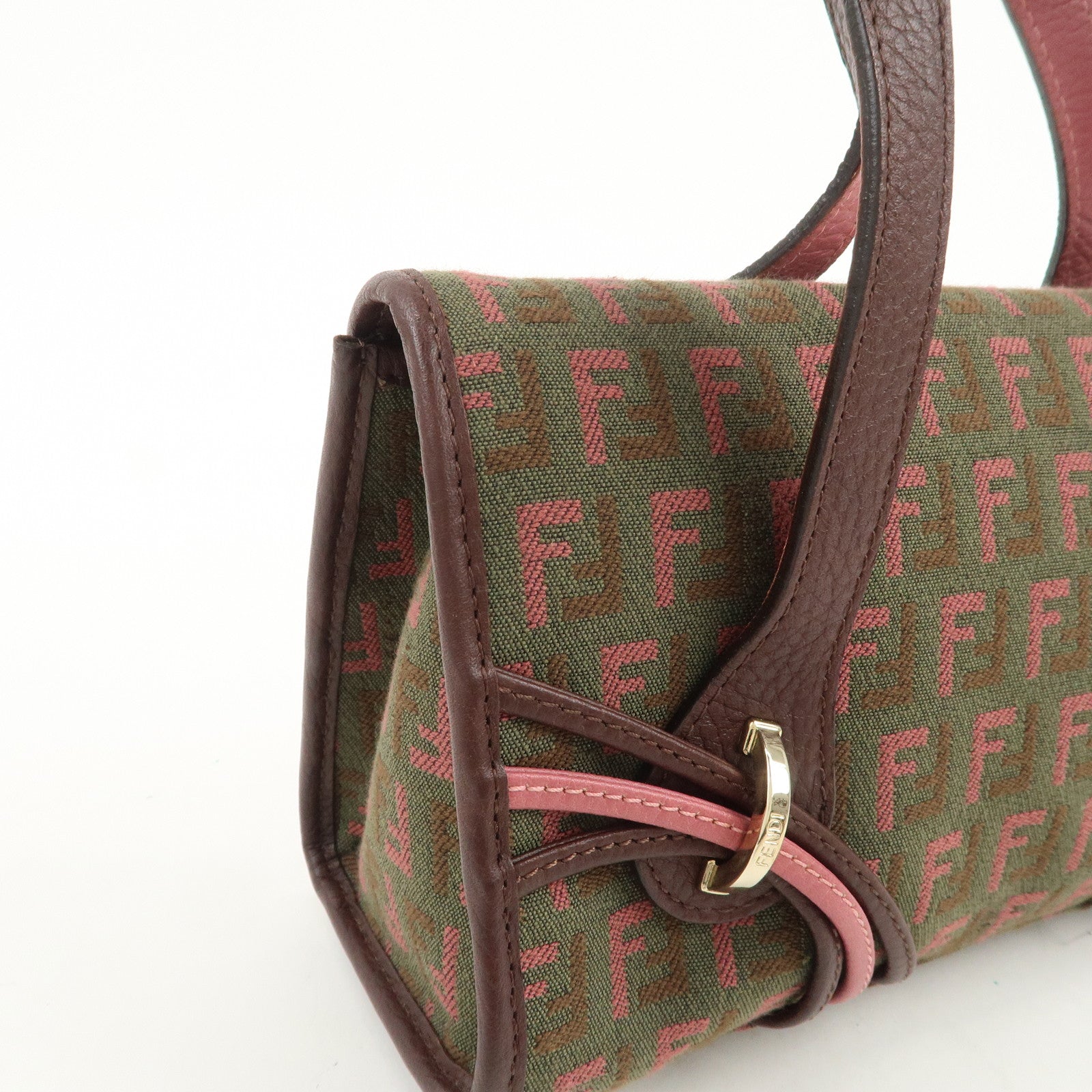 FENDI Zucchino Logo Canvas Leather Hand Bag Brown Pink 8BN147