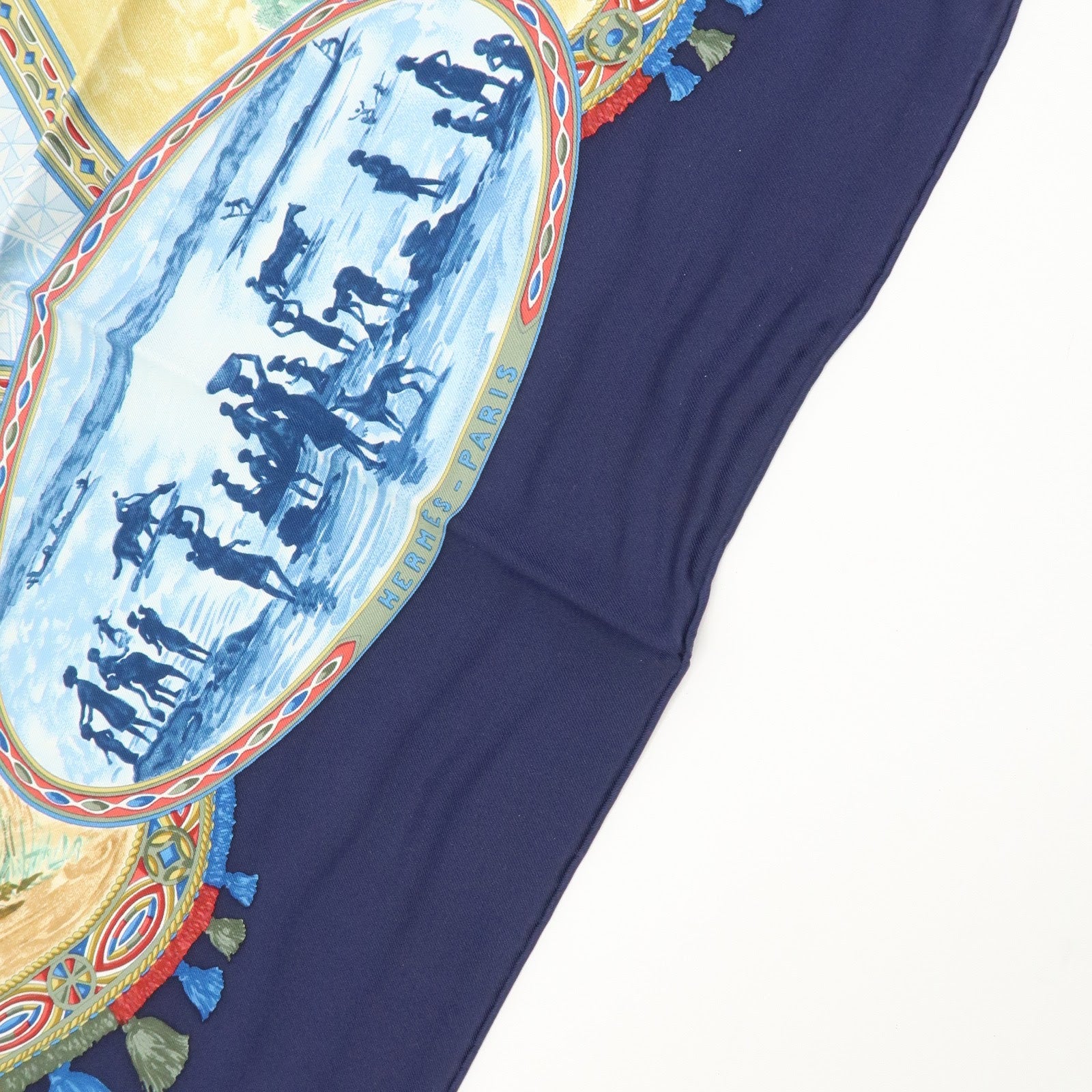 HERMES Carre 90 Silk 100% Scarf CAVALIERS PEULS Blue Yellow