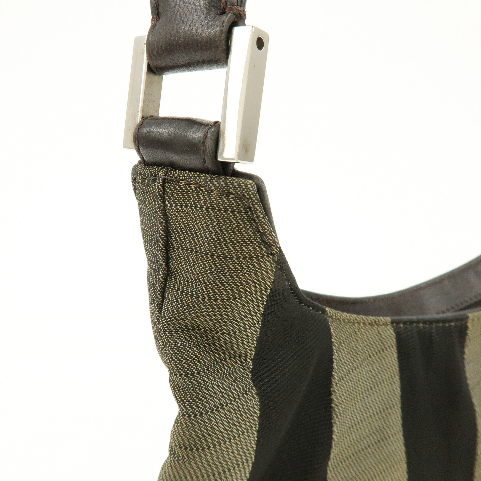 FENDI Pequin Canvas Leather Shoulder Hand Bag Khaki Black 26709