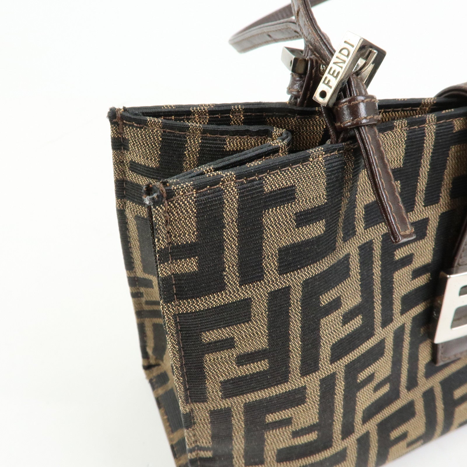 FENDI Zucca Canvas Leather Handbag Shoulder Bag Brown Black