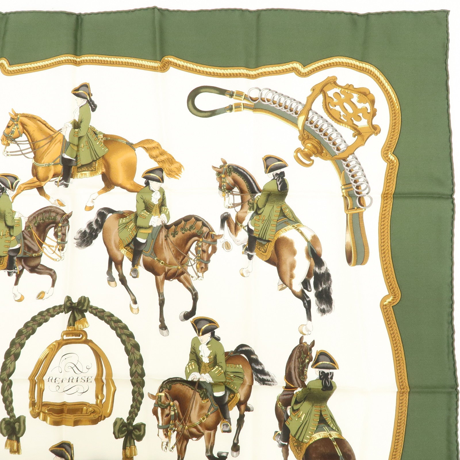 HERMES Carre 90 Silk 100% Scarf REPRISE Brown Khaki White Used