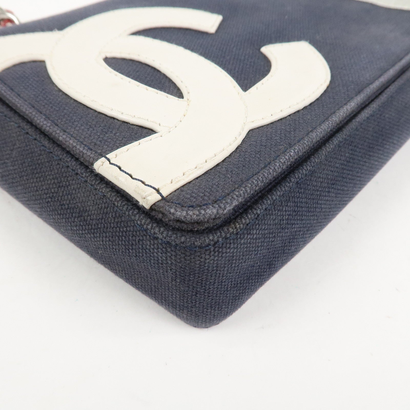 CHANEL No.5 Canvas Leather Chain Shoulder Bag Hand Bag Navy Silver