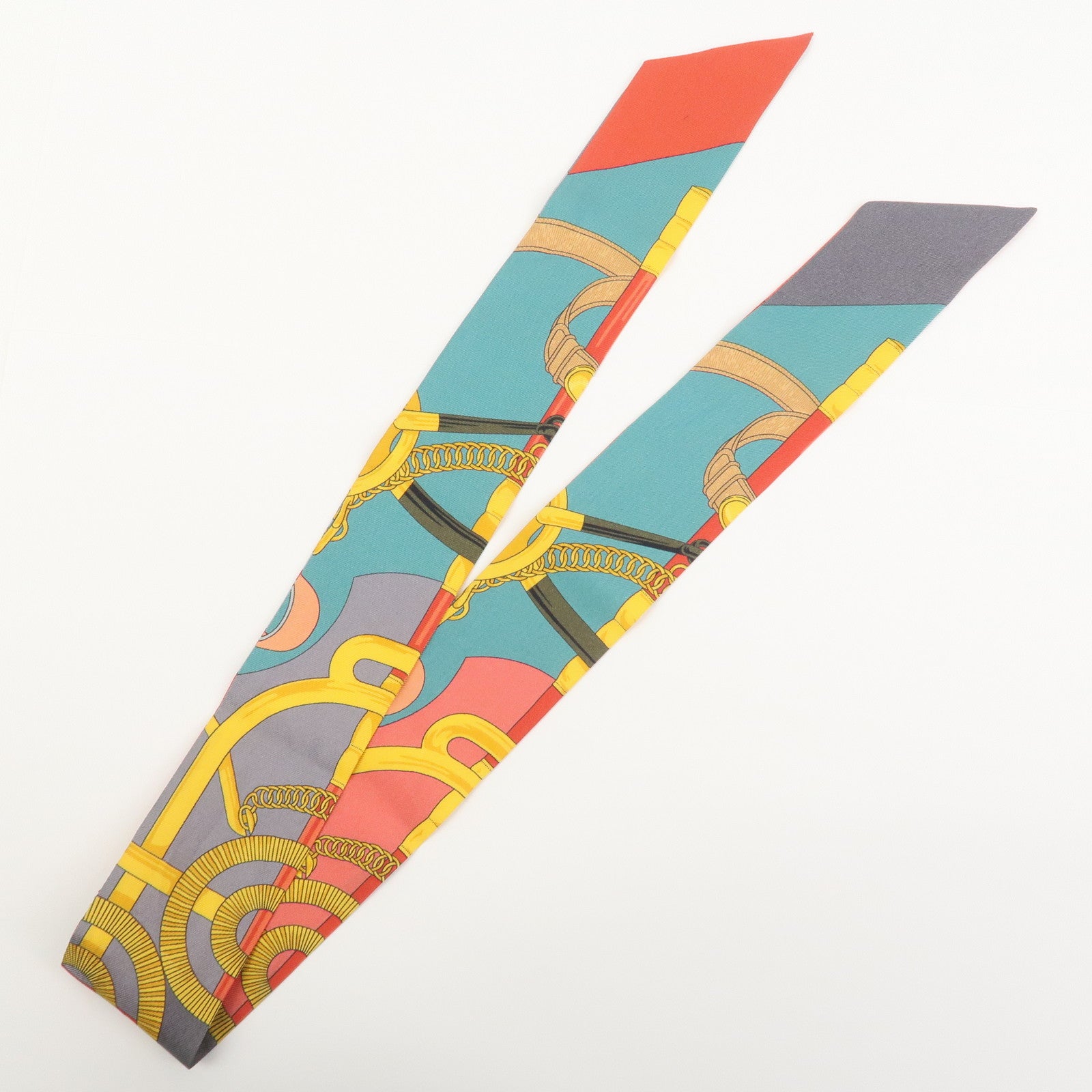 HERMES Twilly Silk 100% Scarf Eperon d'or Red Gray