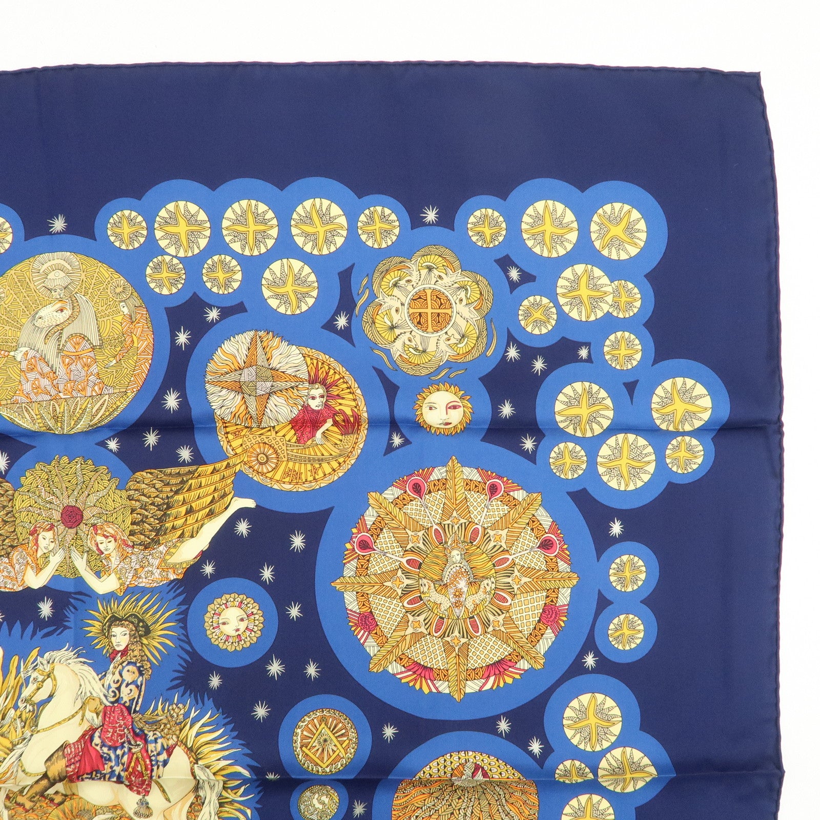 HERMES Carre 90 Silk 100% Scarf LE ROY SOLEIL Navy Yellow