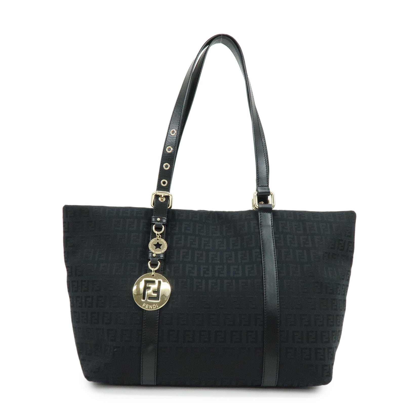 FENDI Zucchino Canvas Leather Tote Bag Shoulder Bag Black 8BH215