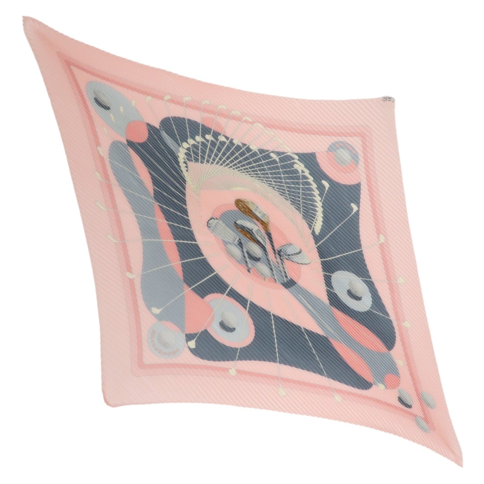 HERMES Pleated Carré Swing Silk 100% Scarf Golf Pattern Pink Gray