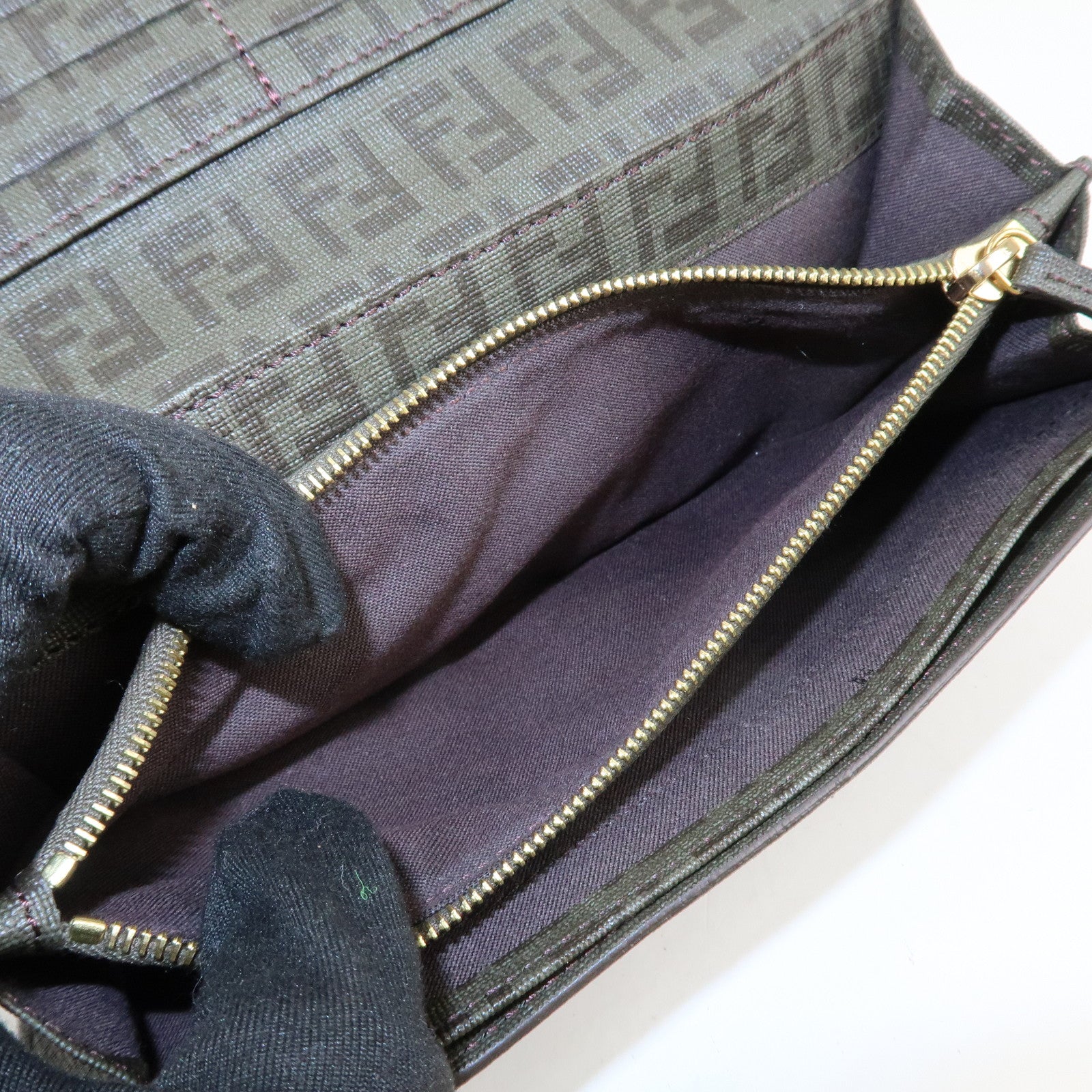 FENDI Zucchino PVC Flap Bi-Fold Long Wallet Black Moss Green 8M0235 Used