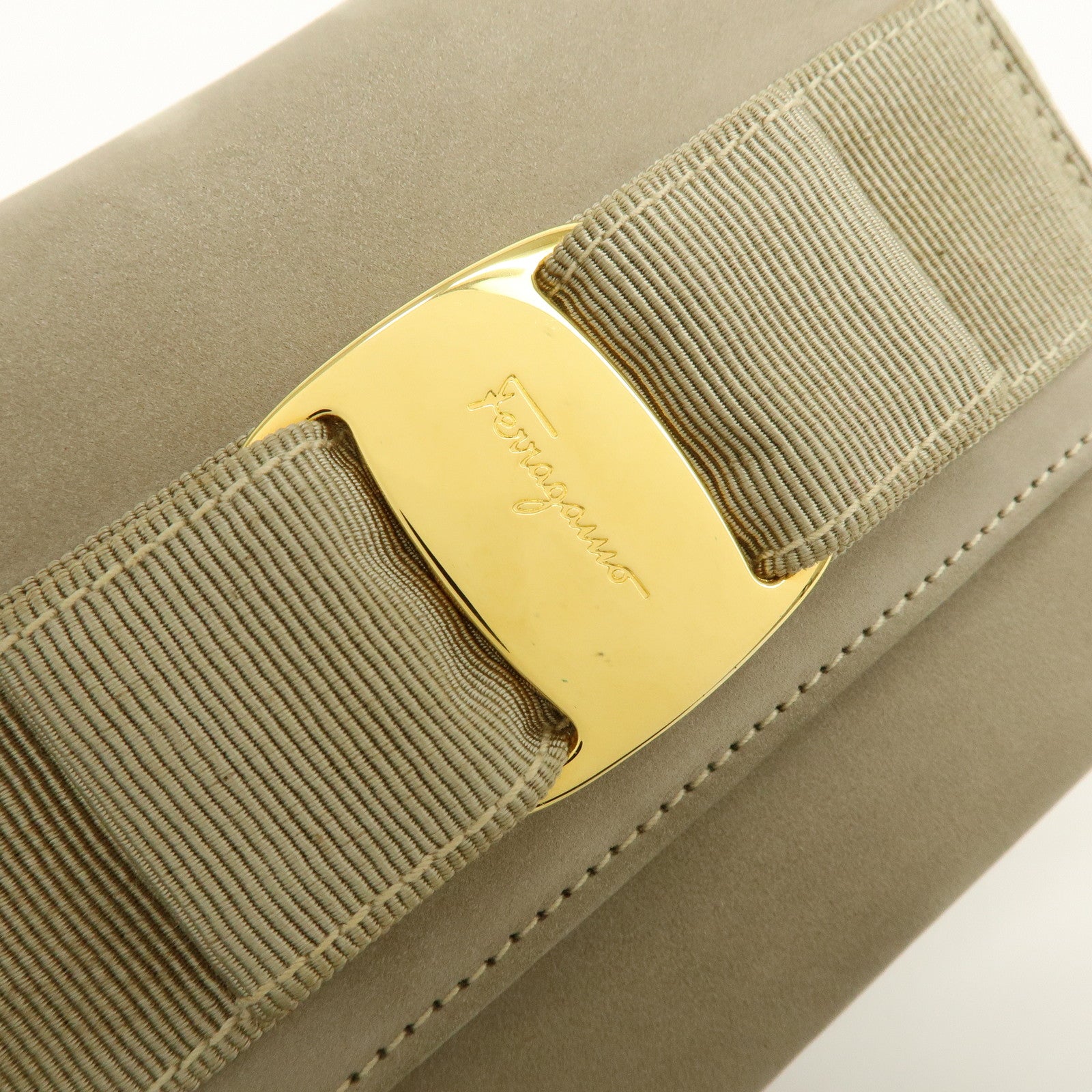 Ferragamo Vara Suede 3Way Chain Shoulder Bag Clutch Waist Bag Beige