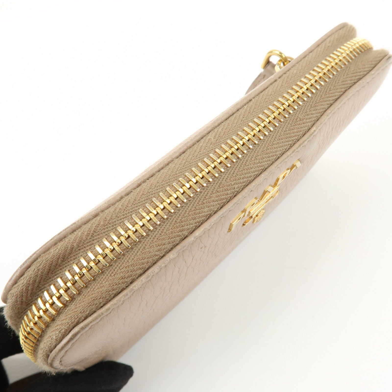 PRADA Calf Leather Compact Round Zippy Wallet Beige Gold