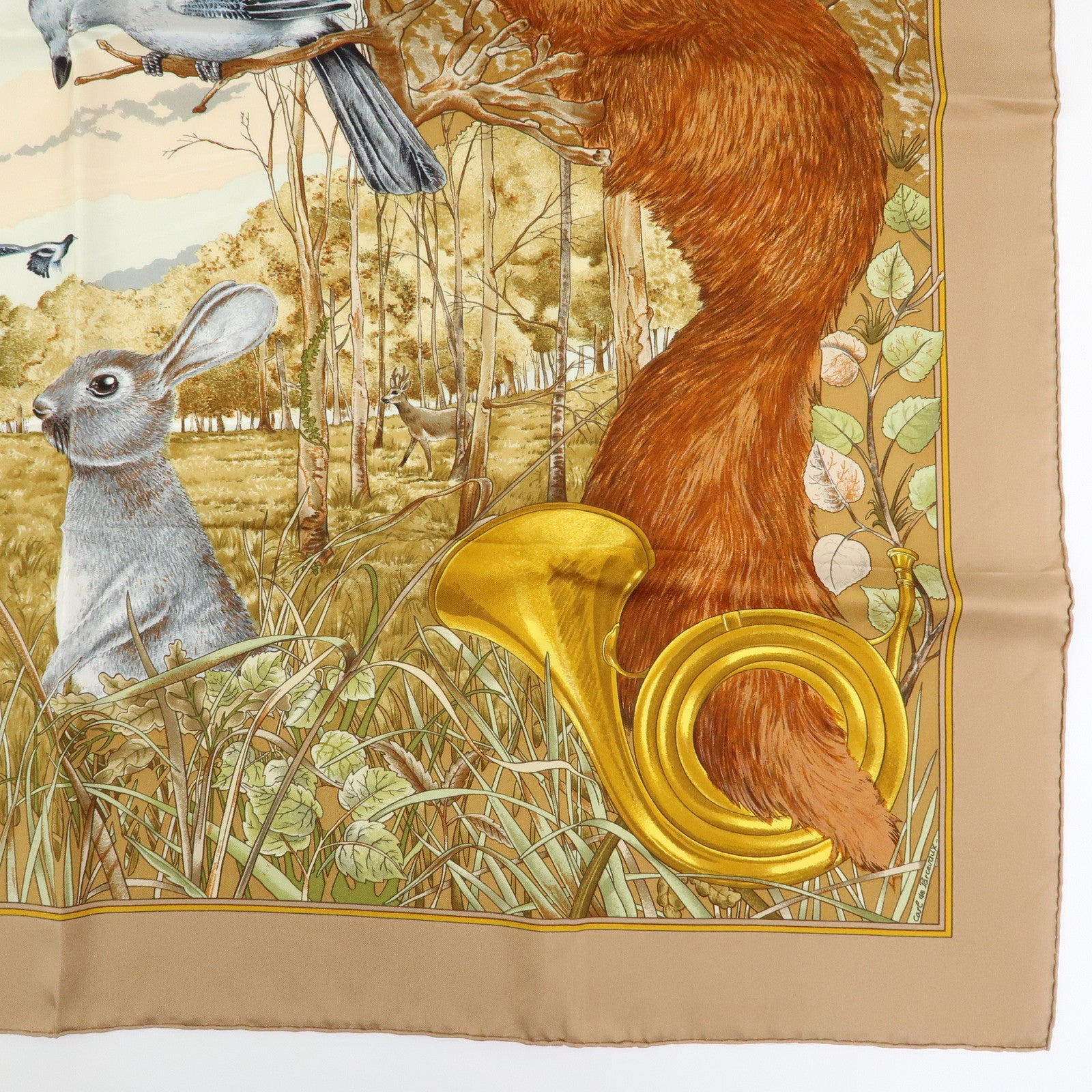 HERMES Carre 90 Silk 100% Scarf CHASSE au BOIS Brown