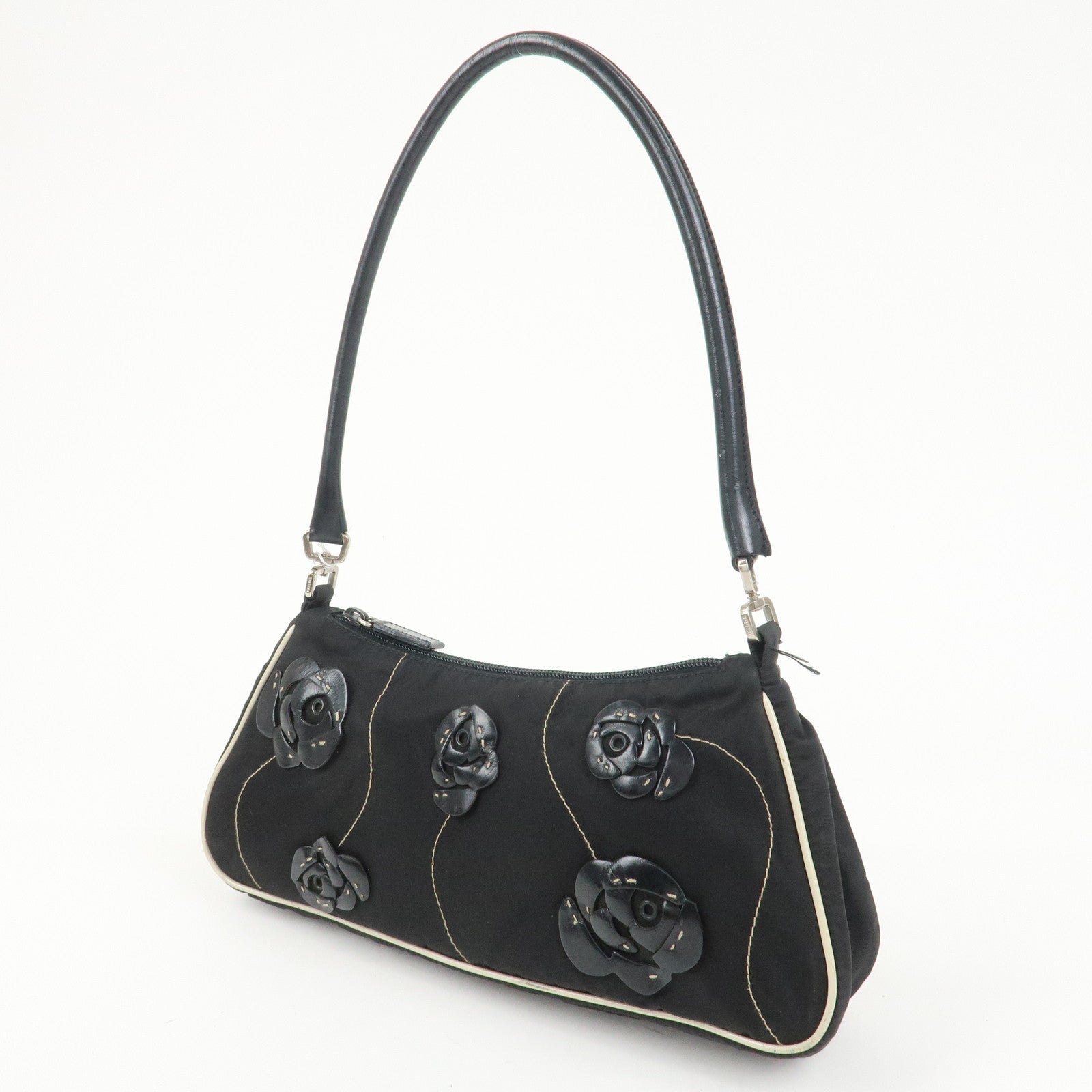 PRADA Nylon Leather Shoulder Bag Hand Bag Flower Motif Black
