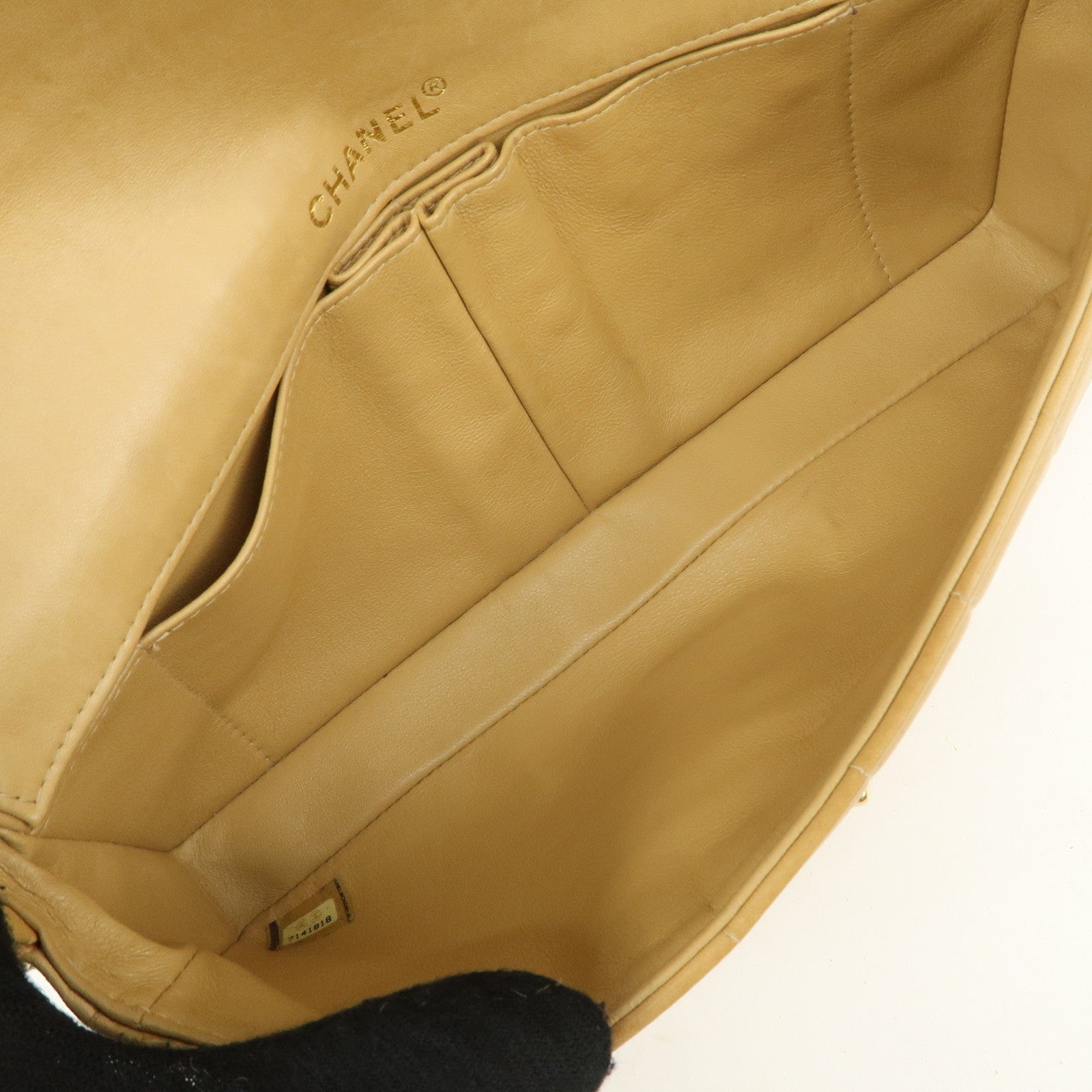 CHANEL Chocolate Bar Lamb Skin Chain Shoulder Bag Beige Gold Used