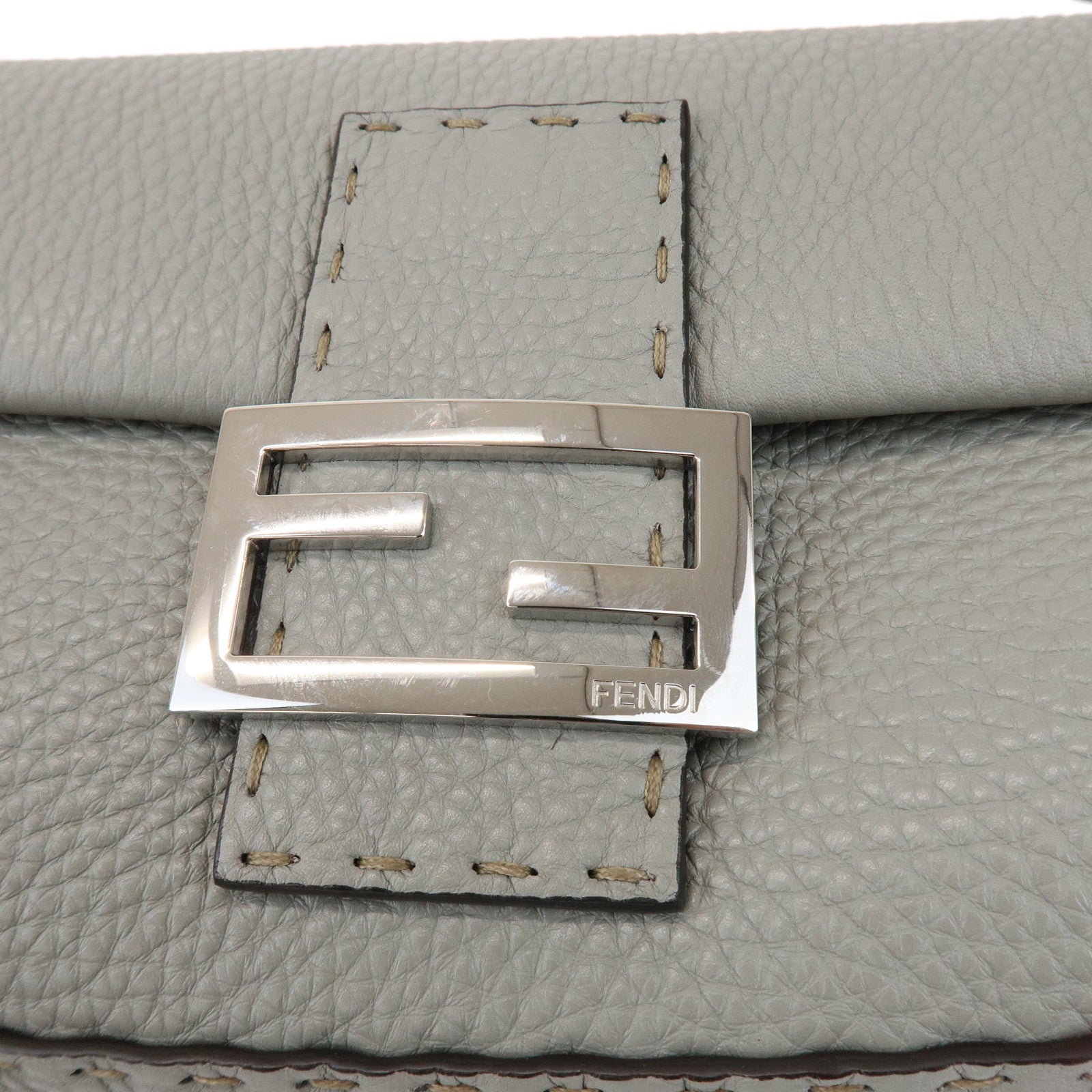 FENDI Mamma Baguette Selleria Leather Shoulder Bag Gray 8BR600