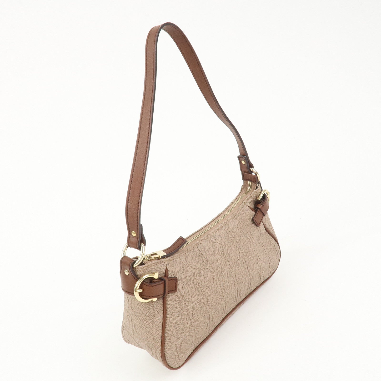 Ferragamo Gancini Logo PVC Leather Shoulder Bag Hand Bag Brown