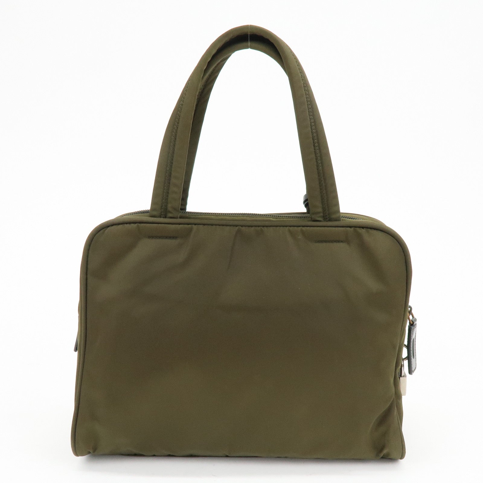 PRADA Triangle Logo Nylon Leather Hand Bag Boston Bag Khaki