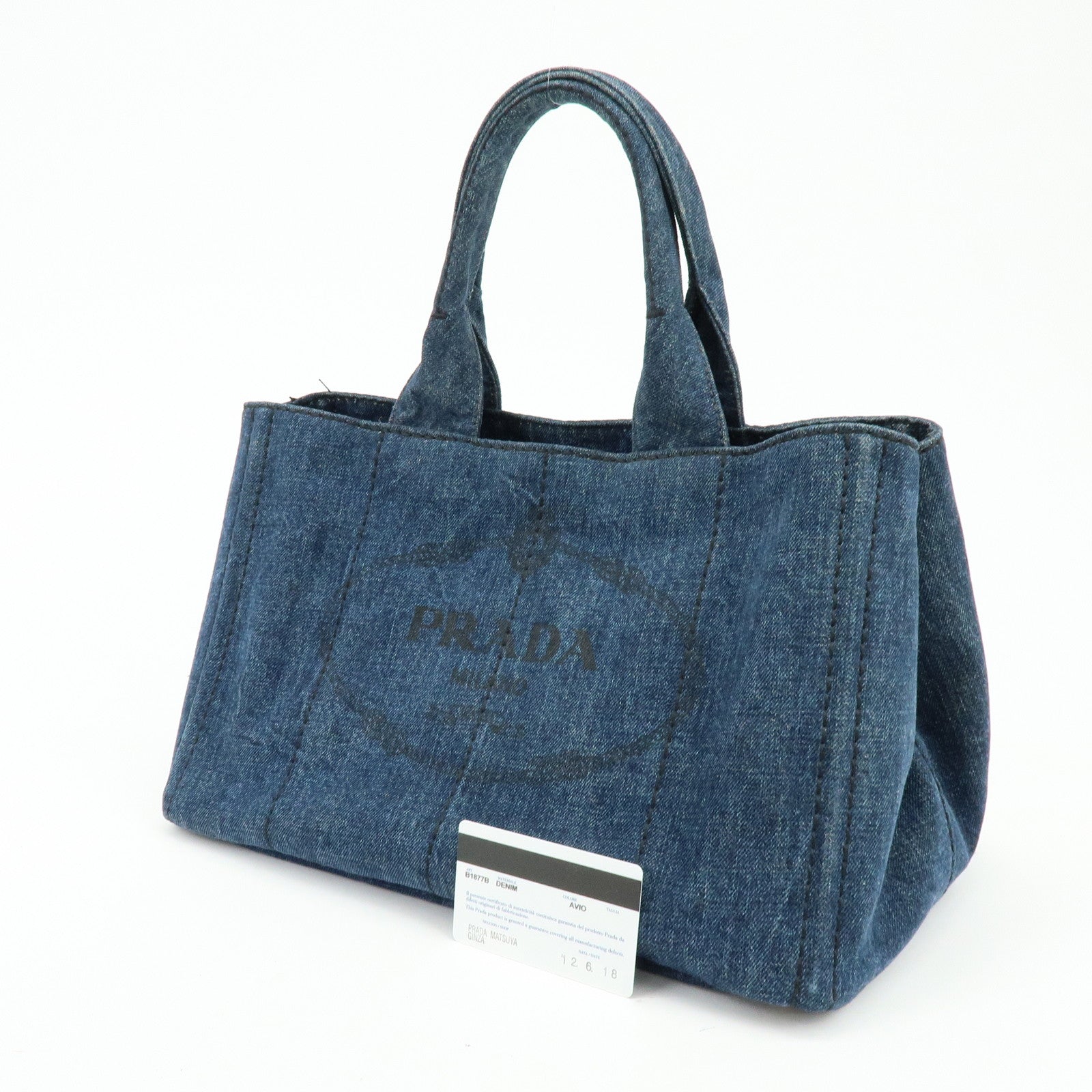 PRADA Canapa Tringle Logo Canvas Denim Tote Hand Bag Blue B1877B