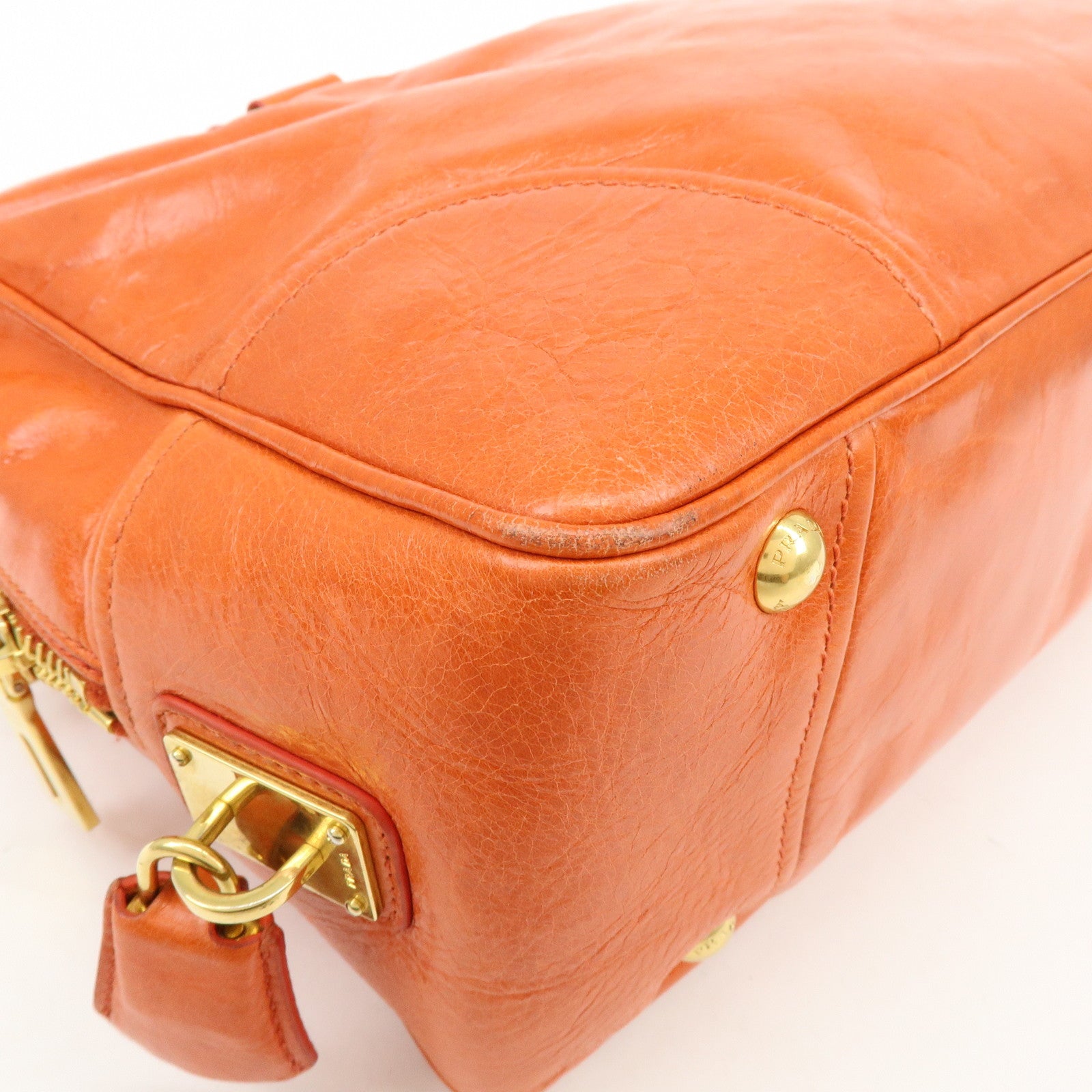 PRADA Logo Leather Boston Bag Hand Bag Shoulder Bag Orange BL0821