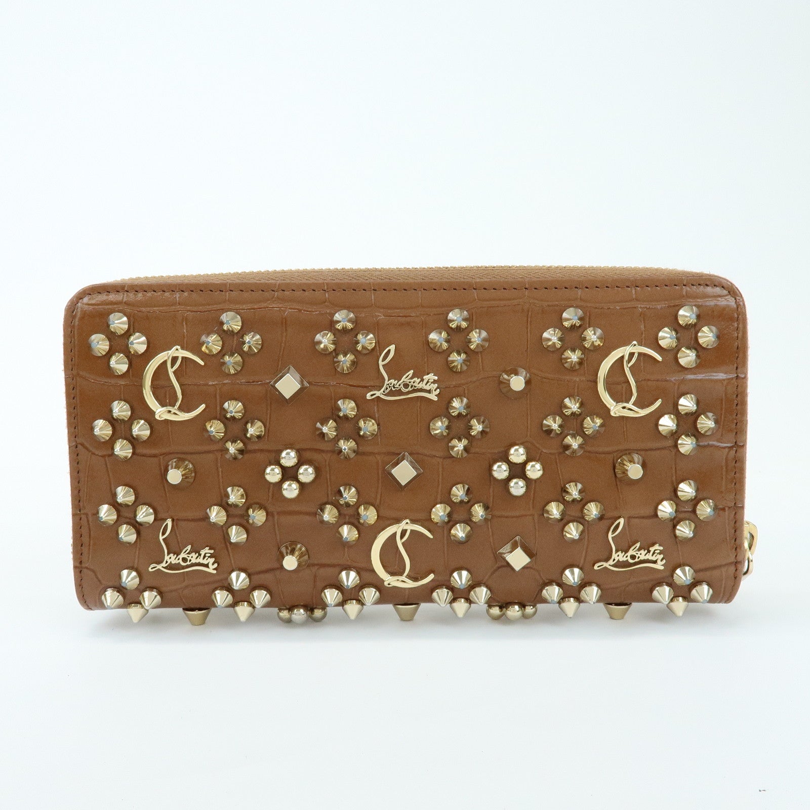 Christian Louboutin Embossed Leather Long Wallet Studs Brown