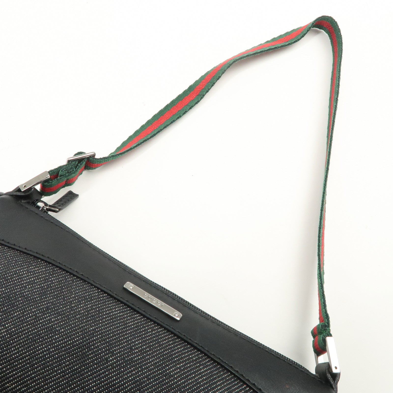 GUCCI Sherry Leather Denim Accessory Pouch Hand Bag Black 92820