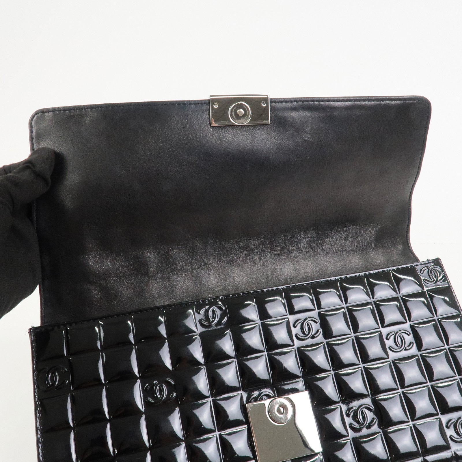 CHANEL Chocolate Bar COCO Mark Patent Leather Hand Bag Black
