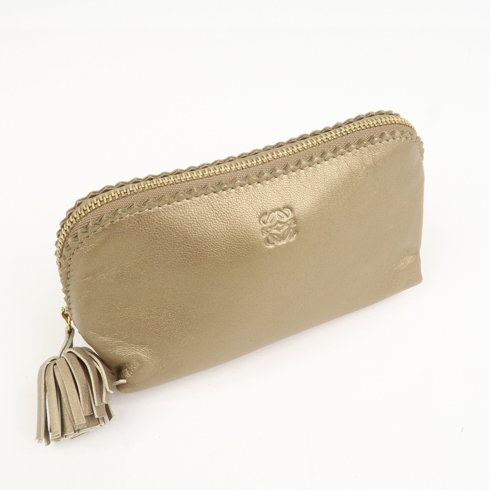 LOEWE Anagram Leather Tassel Pouch Cosmetic Pouch Gold