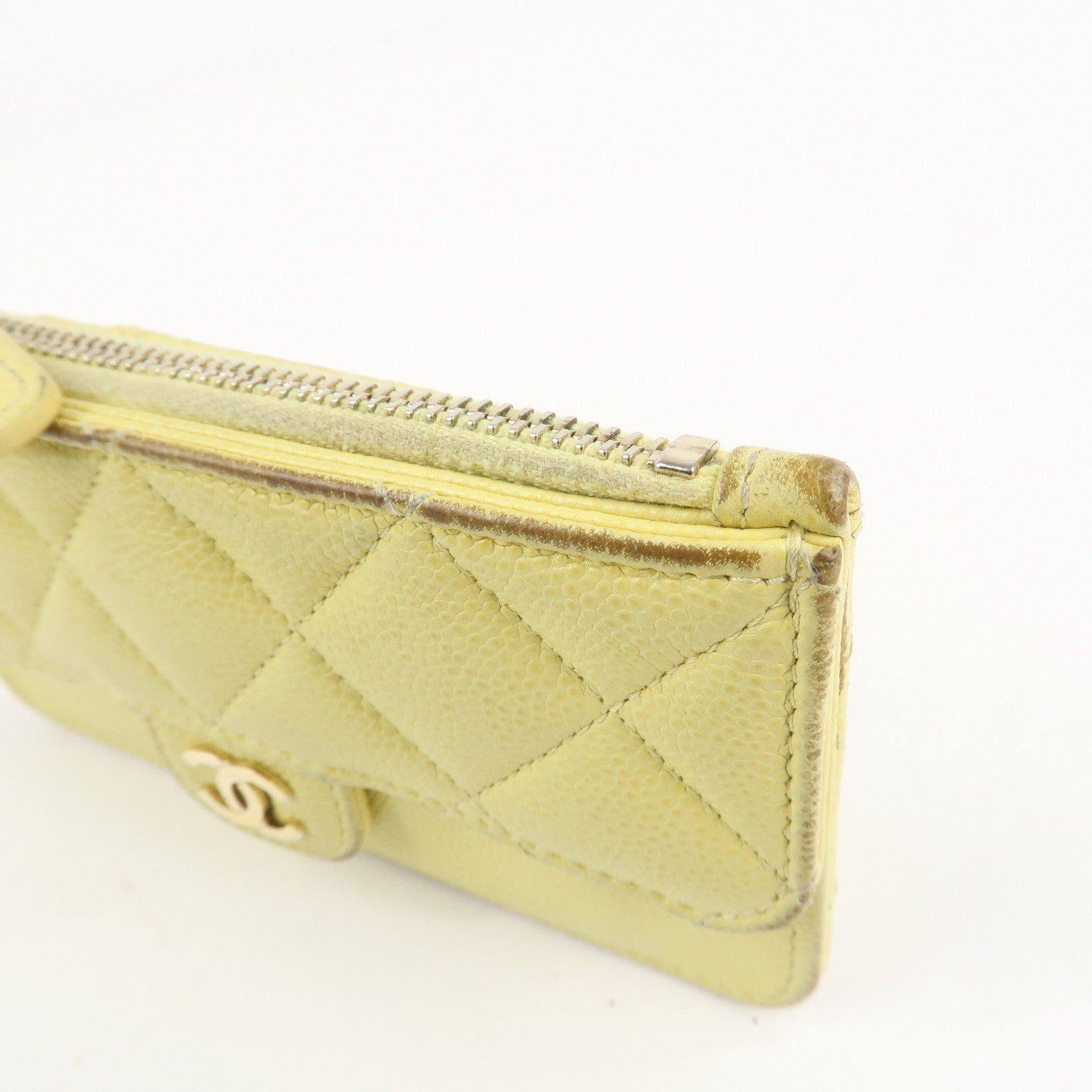 CHANEL Matelasse Caviar Skin Coco Mark Zippy Coin Case Yellow Gold HDW Used