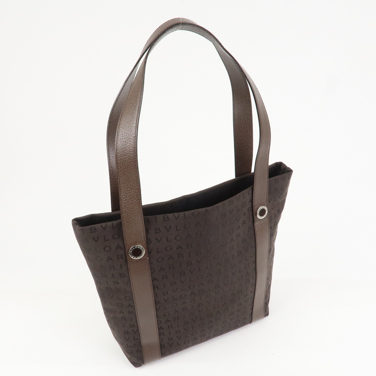 BVLGARI Logo Mania Canvas Leather Shoulder Bag Tote Bag Brown