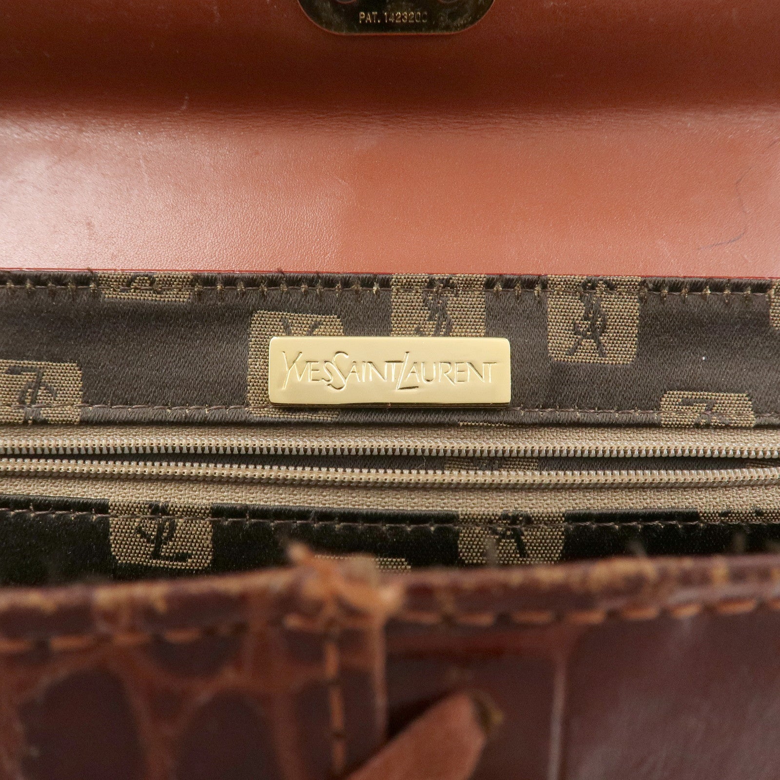 SAINT LAURENT PARIS Embossed Leather Hand Bag Red Brown