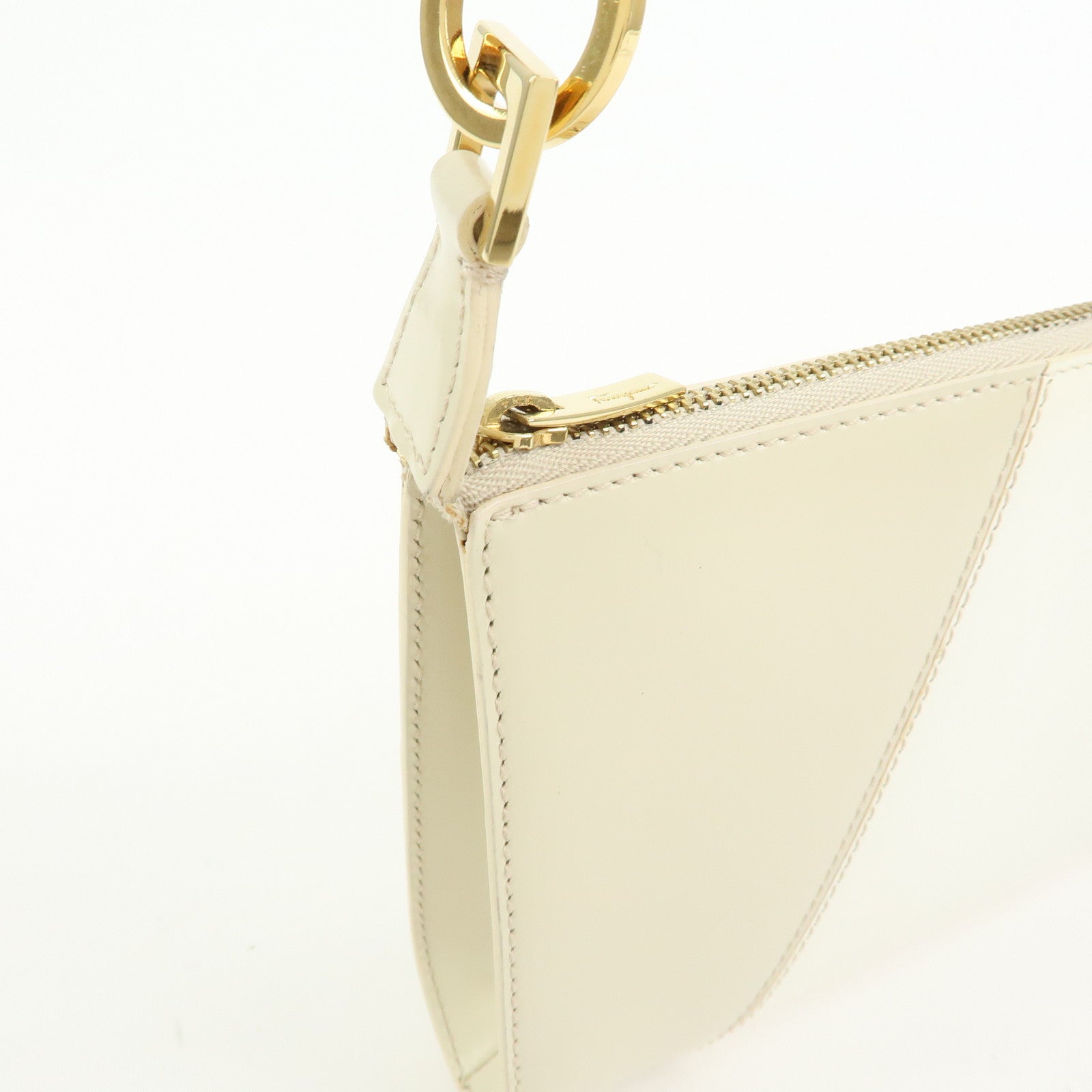 Ferragamo Gancini Leather Shoulder Bag Hand Bag Beige Ivory