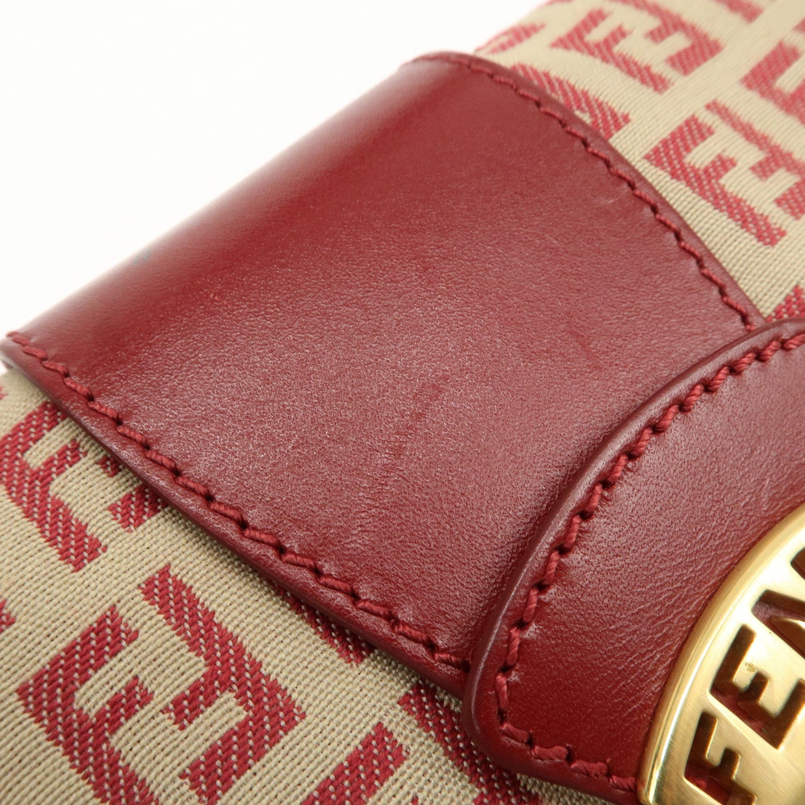 FENDI Zucchino Canvas Leather Turn Lock Shoulder Bag Red 8BR429