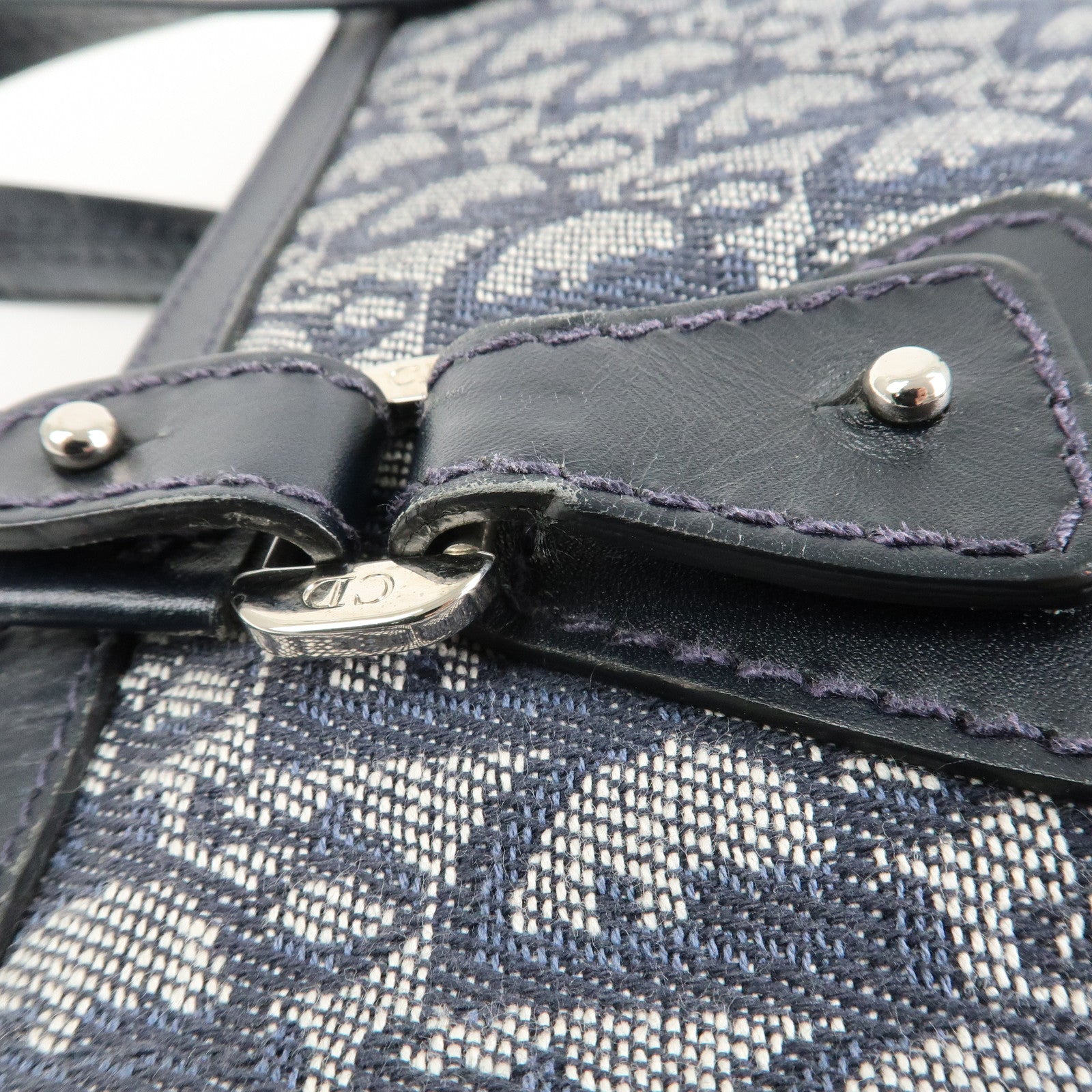 Christian Dior Trotter Leather Canvas Hand Bag Tote Bag Navy Used