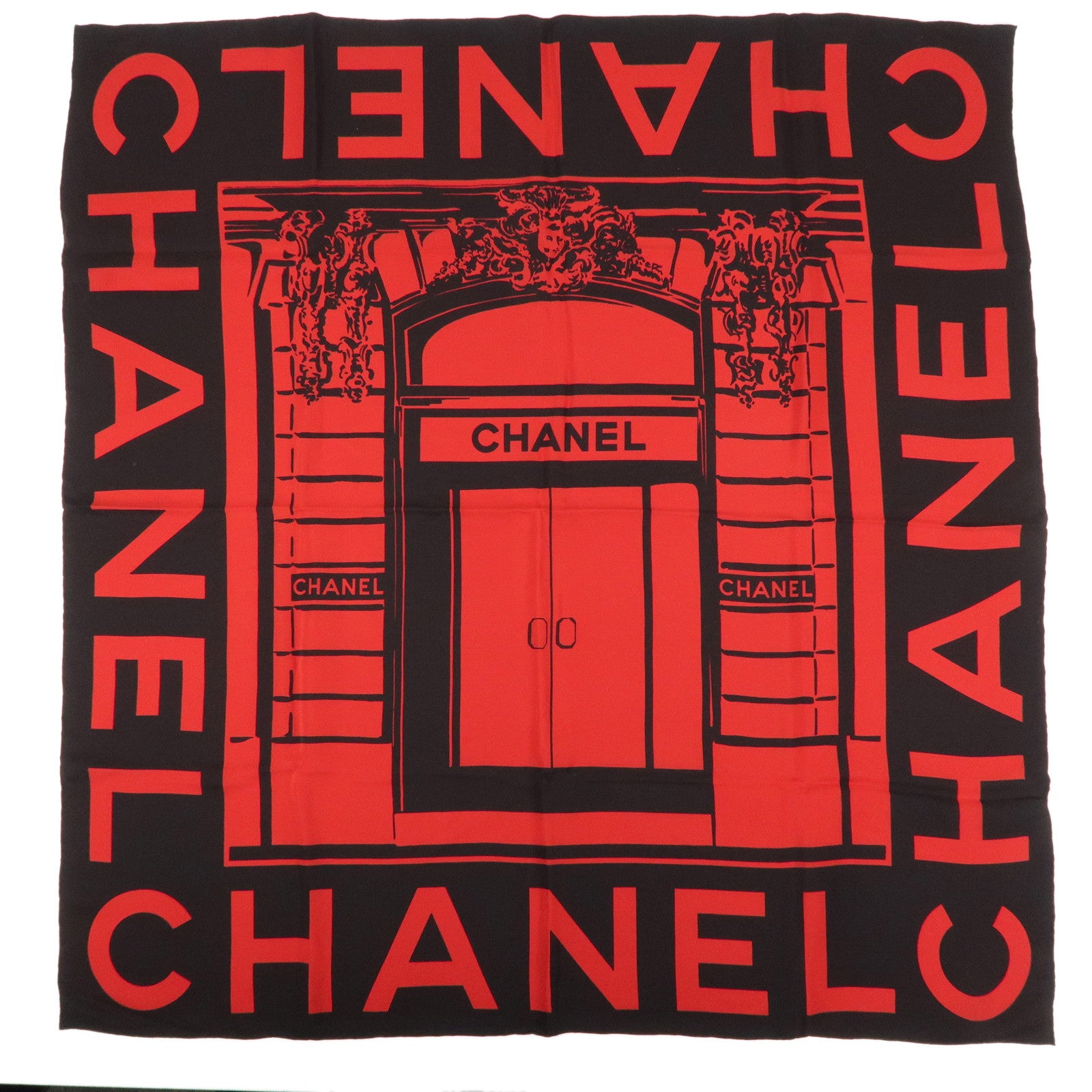 CHANEL Cambon Line Logo Silk 100% Scarf Red Black